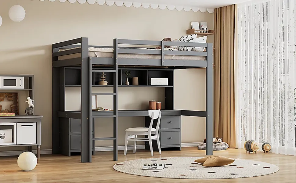 Lit surélevé 90x200cm, avec bureau et grand rangement, Gris
