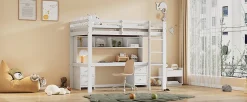 Lit surélevé 90x200cm, avec bureau et grand rangement, Blanc