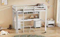 Lit surélevé 90x200cm, avec bureau et grand rangement, Blanc