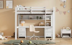 Lit surélevé 90x200cm, avec bureau et grand rangement, Blanc