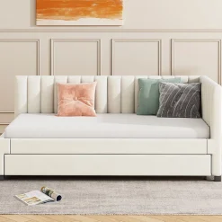 Lit tapissé 90 par 200 cm canapé-lit extensible lit multifonction avec sommier lits invités tissu velours beige