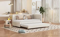 Lit tapissé 90 par 200 cm canapé-lit extensible lit multifonction avec sommier lits invités tissu velours beige