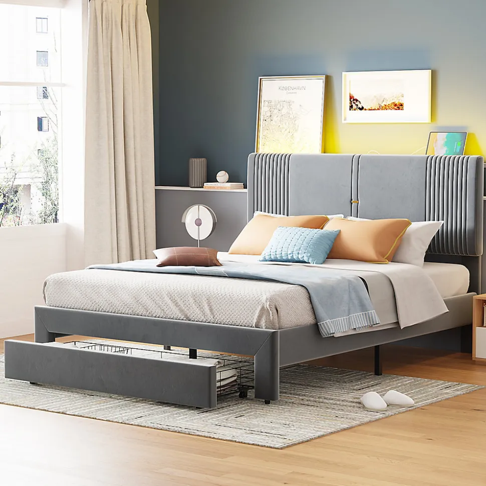 Lit tapissé 140 par 200 cm lit double LED USB dossier tiroir velours gris adultes et adolescents