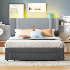 Lit tapissé 140 par 200 cm lit double LED USB dossier tiroir velours gris adultes et adolescents