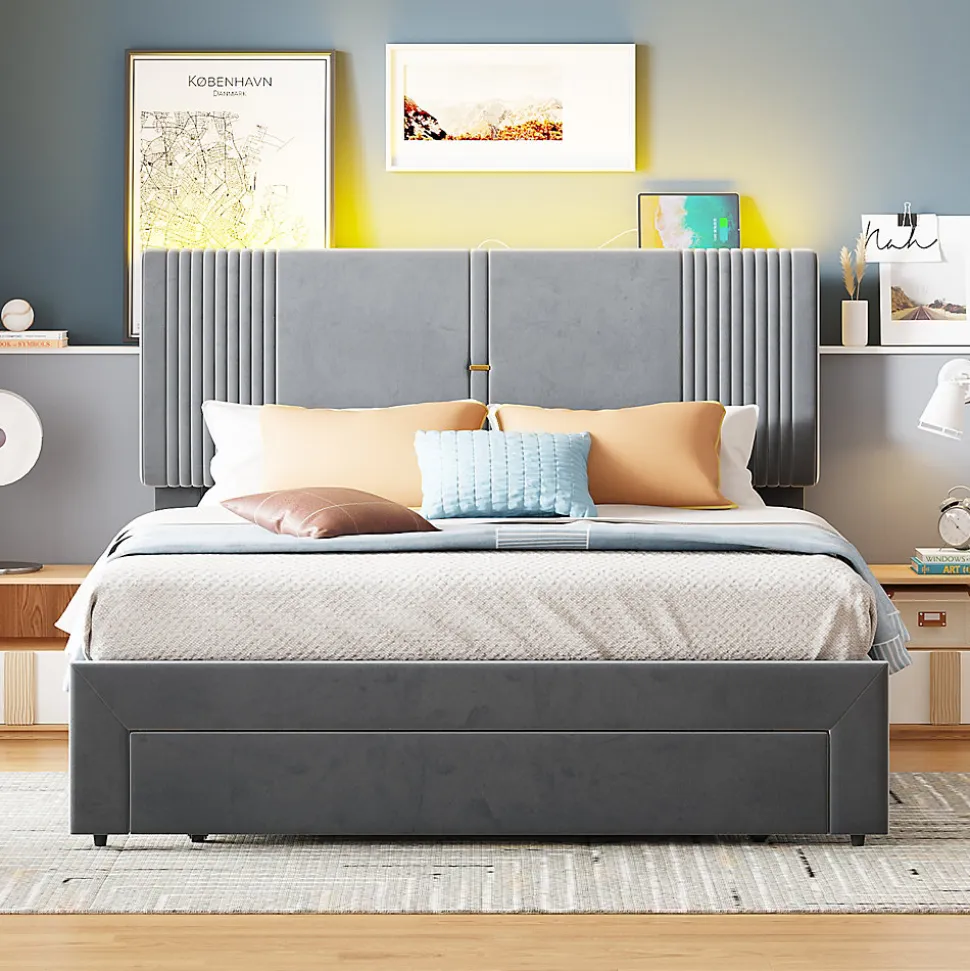 Lit tapissé 140 par 200 cm lit double LED USB dossier tiroir velours gris adultes et adolescents