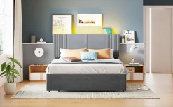 Lit tapissé 140 par 200 cm lit double LED USB dossier tiroir velours gris adultes et adolescents