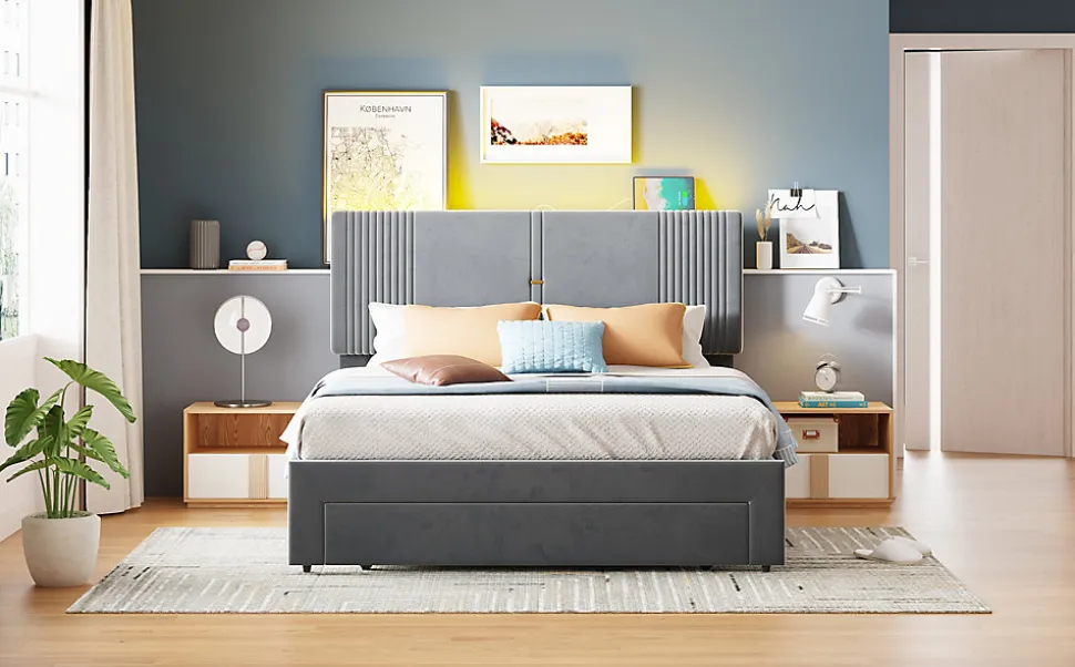 Lit tapissé 140 par 200 cm lit double LED USB dossier tiroir velours gris adultes et adolescents