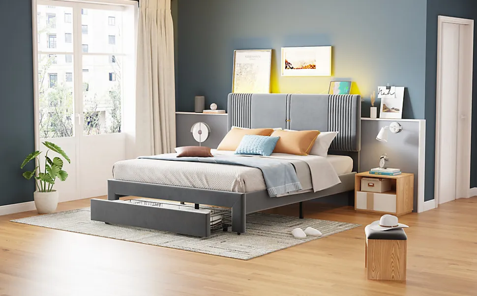 Lit tapissé 140 par 200 cm lit double LED USB dossier tiroir velours gris adultes et adolescents