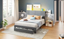 Lit tapissé 140 par 200 cm lit double LED USB dossier tiroir velours gris adultes et adolescents