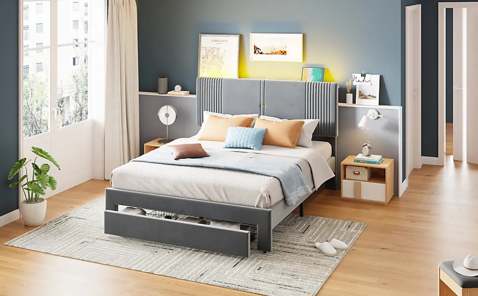 Lit tapissé 140 par 200 cm lit double LED USB dossier tiroir velours gris adultes et adolescents