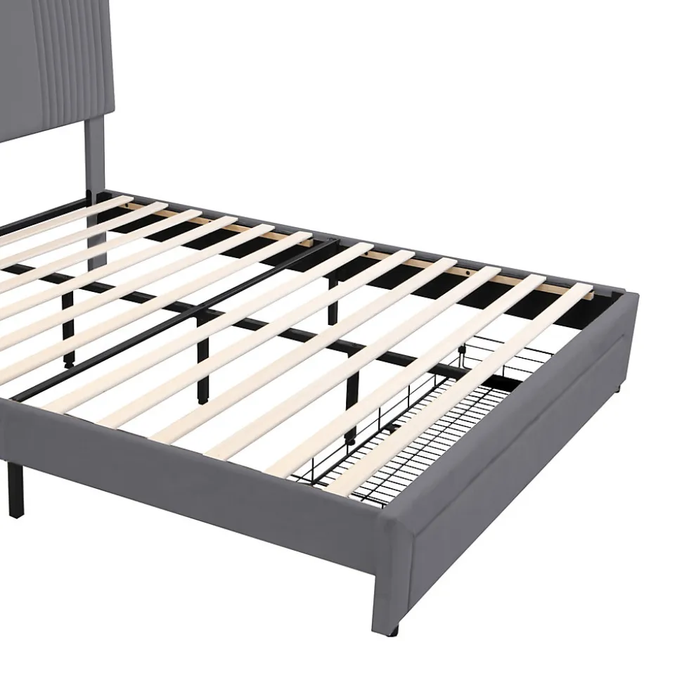 Lit tapissé 140 par 200 cm lit double LED USB dossier tiroir velours gris adultes et adolescents