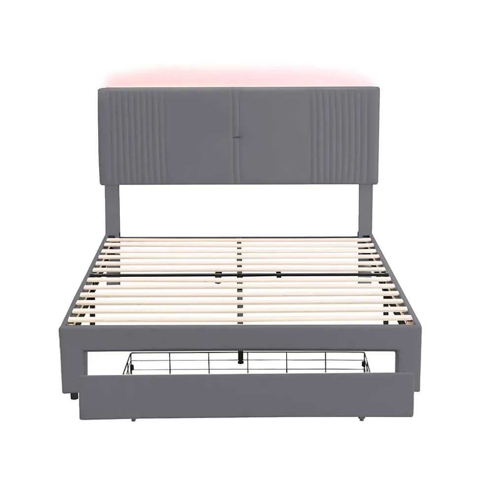 Lit tapissé 140 par 200 cm lit double LED USB dossier tiroir velours gris adultes et adolescents