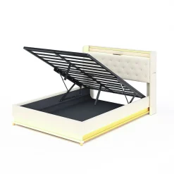 Lit tapissé LED 140 par 200 cm USB rangement hydraulique tissu lin beige adultes et adolescents