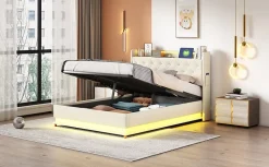 Lit tapissé LED 140 par 200 cm USB rangement hydraulique tissu lin beige adultes et adolescents