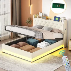 Lit tapissé LED 140 par 200 cm USB rangement hydraulique tissu lin beige adultes et adolescents