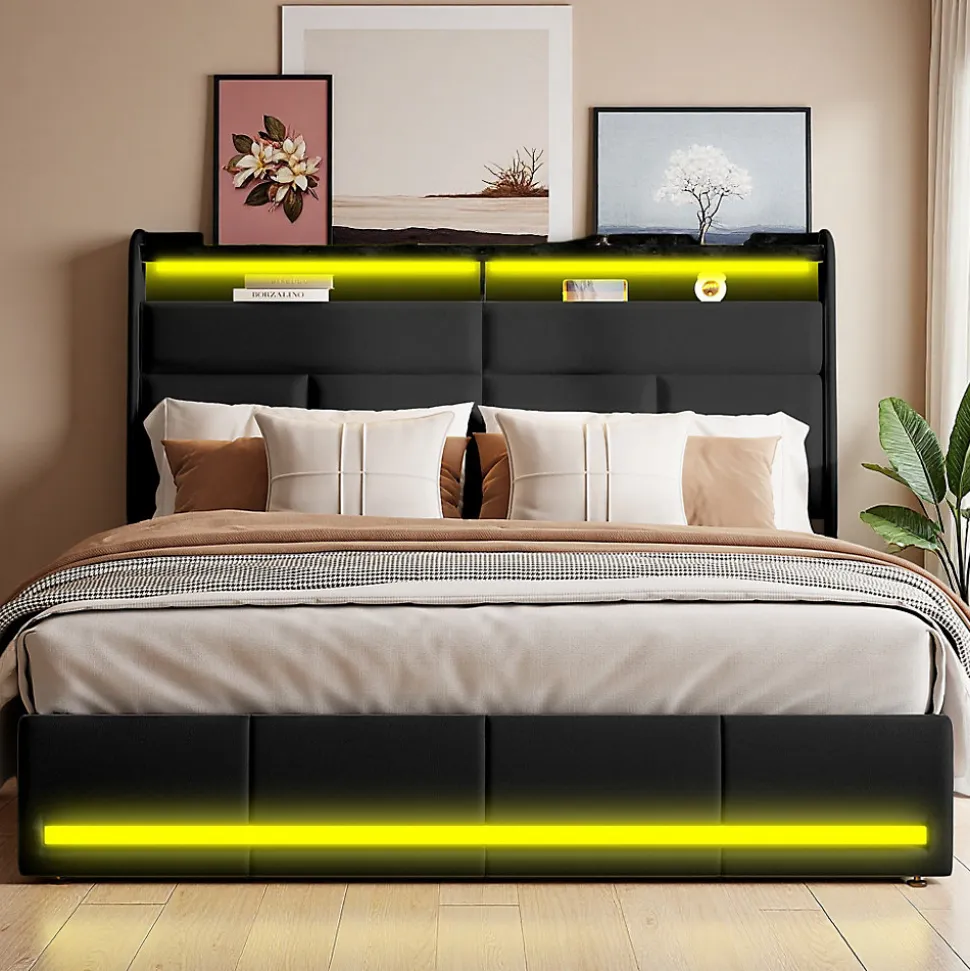 Lit tapissé 160x200 cm en PU noir avec LED, ports USB, sommier hydraulique et grand espace de rangement