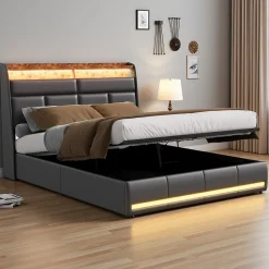 Lit tapissé 160x200 cm en PU noir avec LED, ports USB, sommier hydraulique et grand espace de rangement
