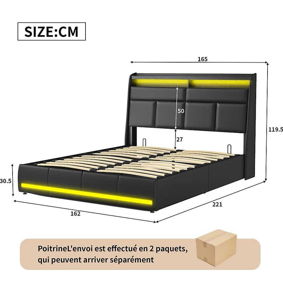 Lit tapissé 160x200 cm en PU noir avec LED, ports USB, sommier hydraulique et grand espace de rangement