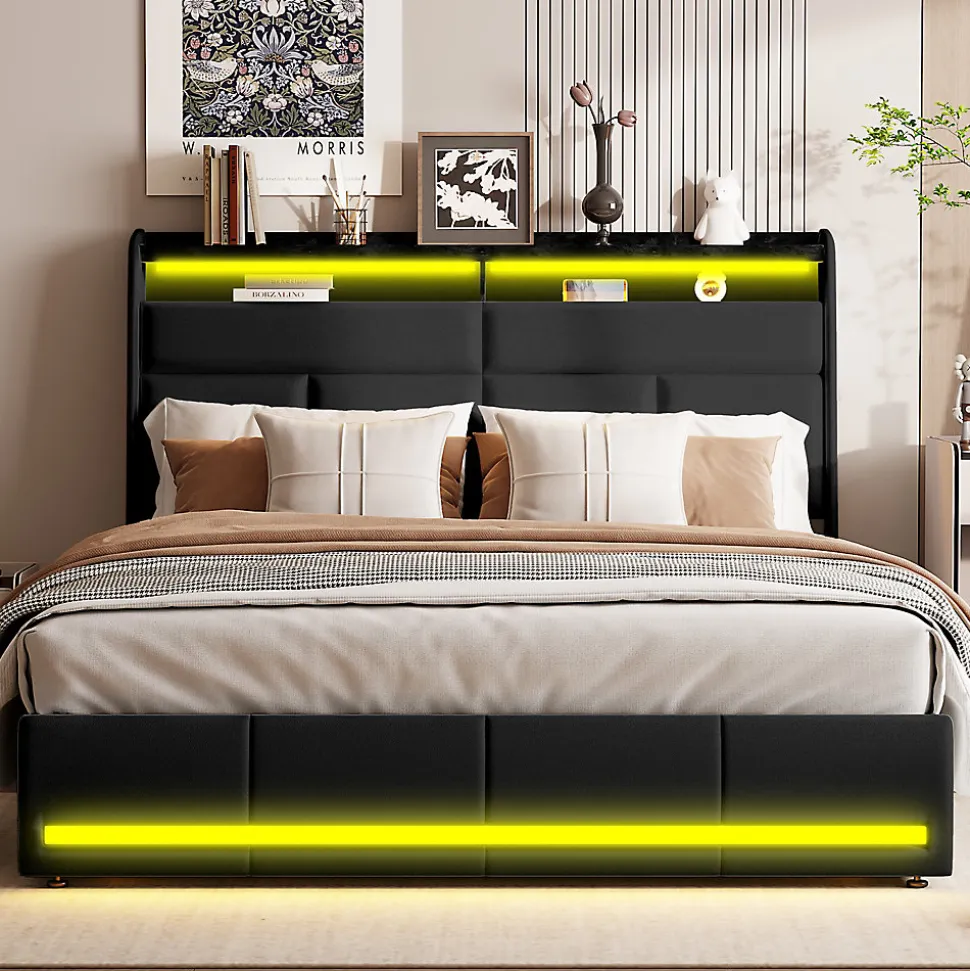 Lit tapissé 160x200 cm en PU noir avec LED, ports USB, sommier hydraulique et grand espace de rangement