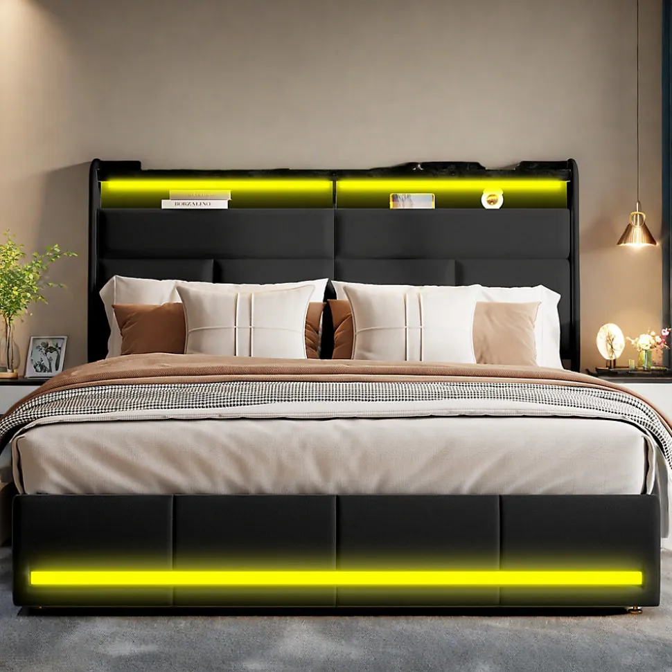 Lit tapissé 160x200 cm en PU noir avec LED, ports USB, sommier hydraulique et grand espace de rangement