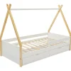 Lit tipi 90 x 190 cm avec tiroirs - Pin et MDF - Coloris : Blanc et naturel - LUANCO