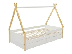 Lit tipi 90 x 190 cm avec tiroirs - Pin et MDF - Coloris : Blanc et naturel - LUANCO