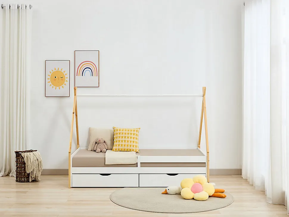 Lit tipi 90 x 190 cm avec tiroirs - Pin et MDF - Coloris : Blanc et naturel - LUANCO