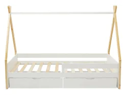Lit tipi 90 x 190 cm avec tiroirs - Pin et MDF - Coloris : Blanc et naturel - LUANCO