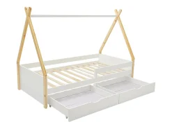 Lit tipi 90 x 190 cm avec tiroirs - Pin et MDF - Coloris : Blanc et naturel - LUANCO