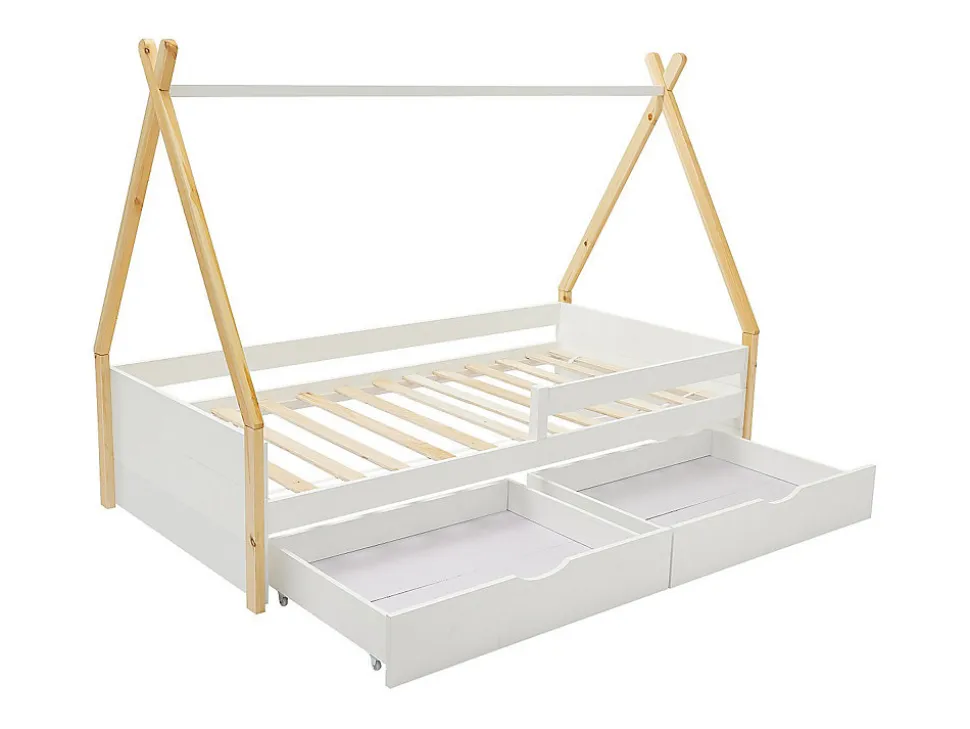Lit tipi 90 x 190 cm avec tiroirs - Pin et MDF - Coloris : Blanc et naturel - LUANCO