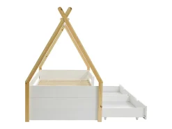 Lit tipi 90 x 190 cm avec tiroirs - Pin et MDF - Coloris : Blanc et naturel - LUANCO