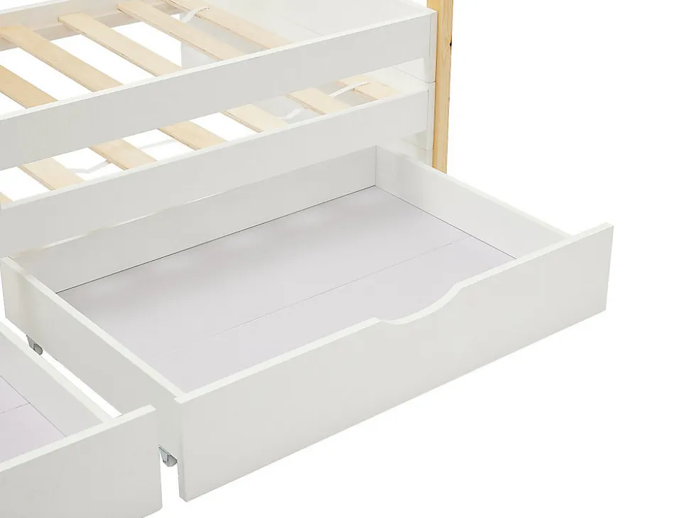 Lit tipi 90 x 190 cm avec tiroirs - Pin et MDF - Coloris : Blanc et naturel - LUANCO