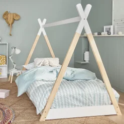 Lit Tipi. pin naturel blanc - sommier à lattes inclus. 90x190cm - Tobias
