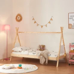 Lit tipi pour enfant Siikajoki bois de pin 90 x 200 cm naturel blanc en.casa