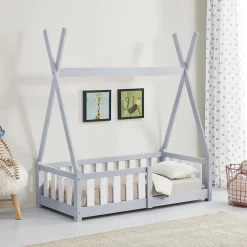 Lit Tipi pour Enfants Helsingborg avec Grille de Sécurité Pin 140 x 70 cm Gris Clair en.casa