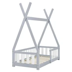 Lit Tipi pour Enfants Helsingborg avec Grille de Sécurité Pin 140 x 70 cm Gris Clair en.casa