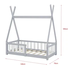 Lit Tipi pour Enfants Helsingborg avec Grille de Sécurité Pin 140 x 70 cm Gris Clair en.casa