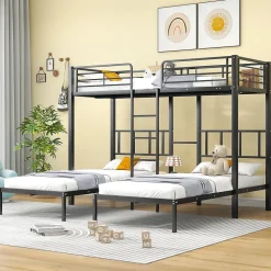 Lit triple 90 x 200 cm x 3, lit en fer avec barrières de sécurité, noir, Blackcolors