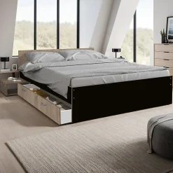 Lit TWIST 140x190+ 1 chevet + 1 tiroir / Décor Noir et chêne blanchi