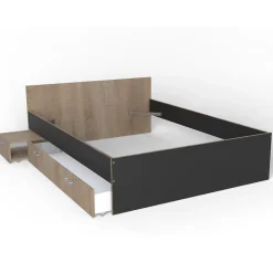 Lit TWIST 140x190+ 1 chevet + 1 tiroir / Décor Noir et chêne blanchi