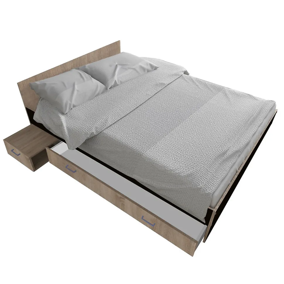 Lit TWIST 140x190+ 1 chevet + 1 tiroir / Décor Noir et chêne blanchi