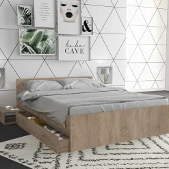 Lit TWIST 140x190+ 1 chevet + 1 tiroir / Décor Chêne Blanchi