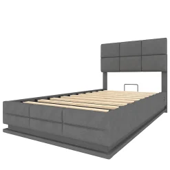 Lit velours 90x200 cm, tête réglable, USB/Type-C, LED, hydraulique, rangement XXL - gris