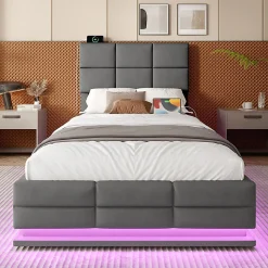 Lit velours 90x200 cm, tête réglable, USB/Type-C, LED, hydraulique, rangement XXL - gris