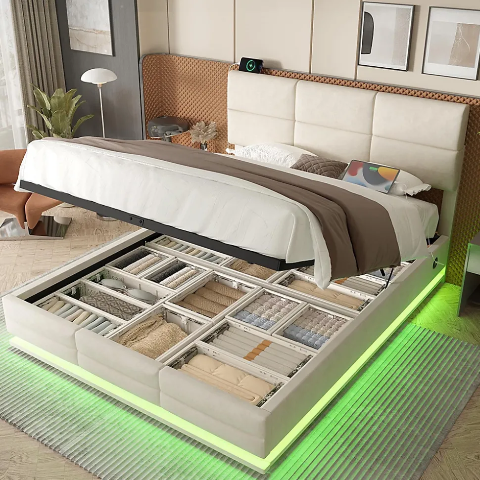 Lit velours 140x200 cm, tête réglable, USB/Type-C, LED, hydraulique - beige