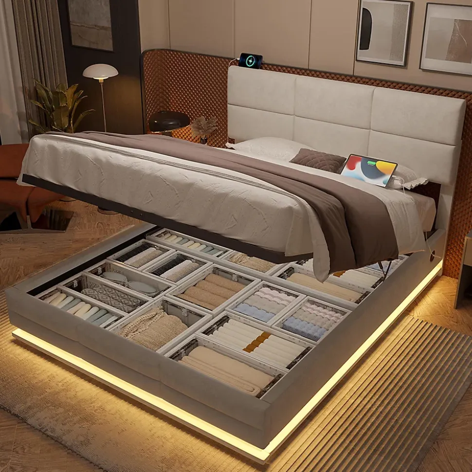 Lit velours 140x200 cm, tête réglable, USB/Type-C, LED, hydraulique - beige