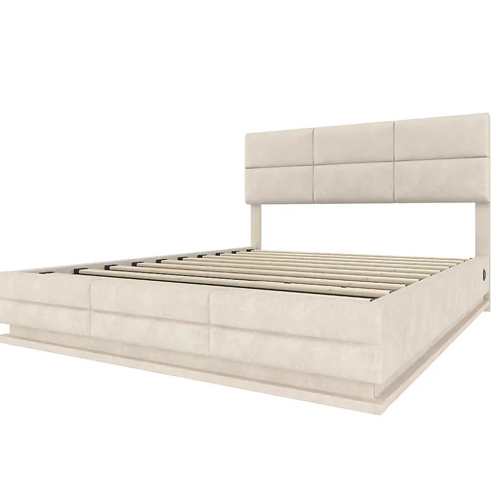 Lit velours 140x200 cm, tête réglable, USB/Type-C, LED, hydraulique - beige
