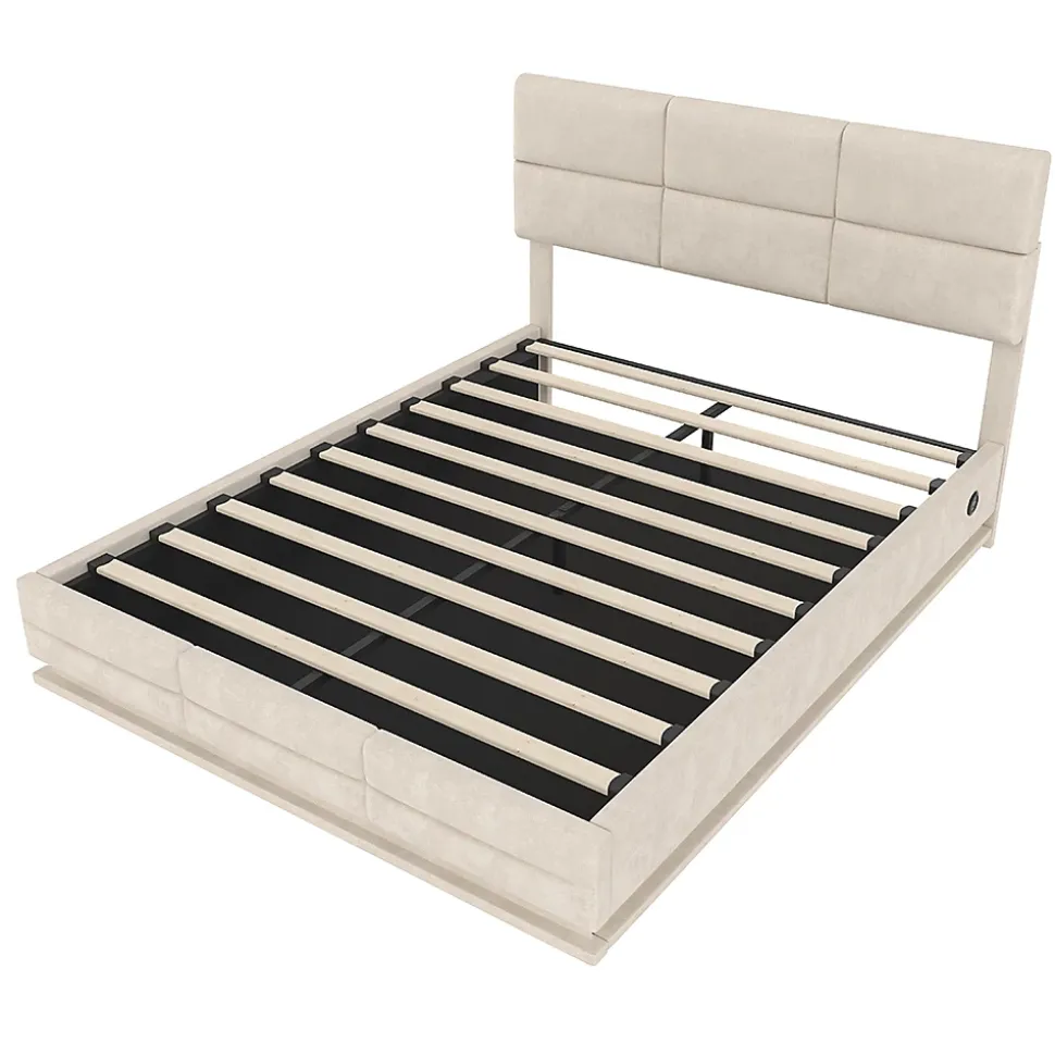 Lit velours 140x200 cm, tête réglable, USB/Type-C, LED, hydraulique - beige