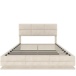 Lit velours 140x200 cm, tête réglable, USB/Type-C, LED, hydraulique - beige