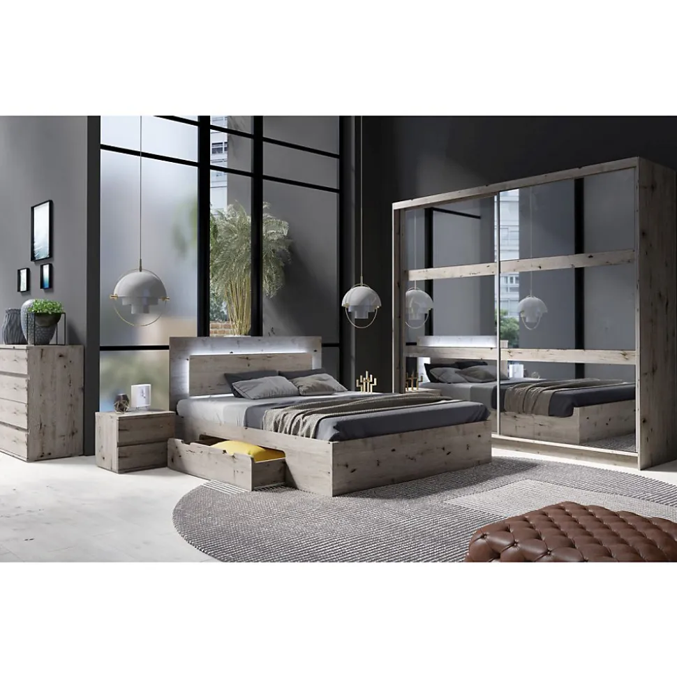 Lit VELTIS 160x200 cm avec tete de lit LED Coloris chene Wellington Sommier et matelas non inclus